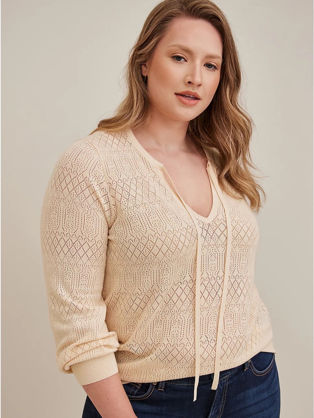 torrid Cream Pointelle Pullover Tie Neck Sweater